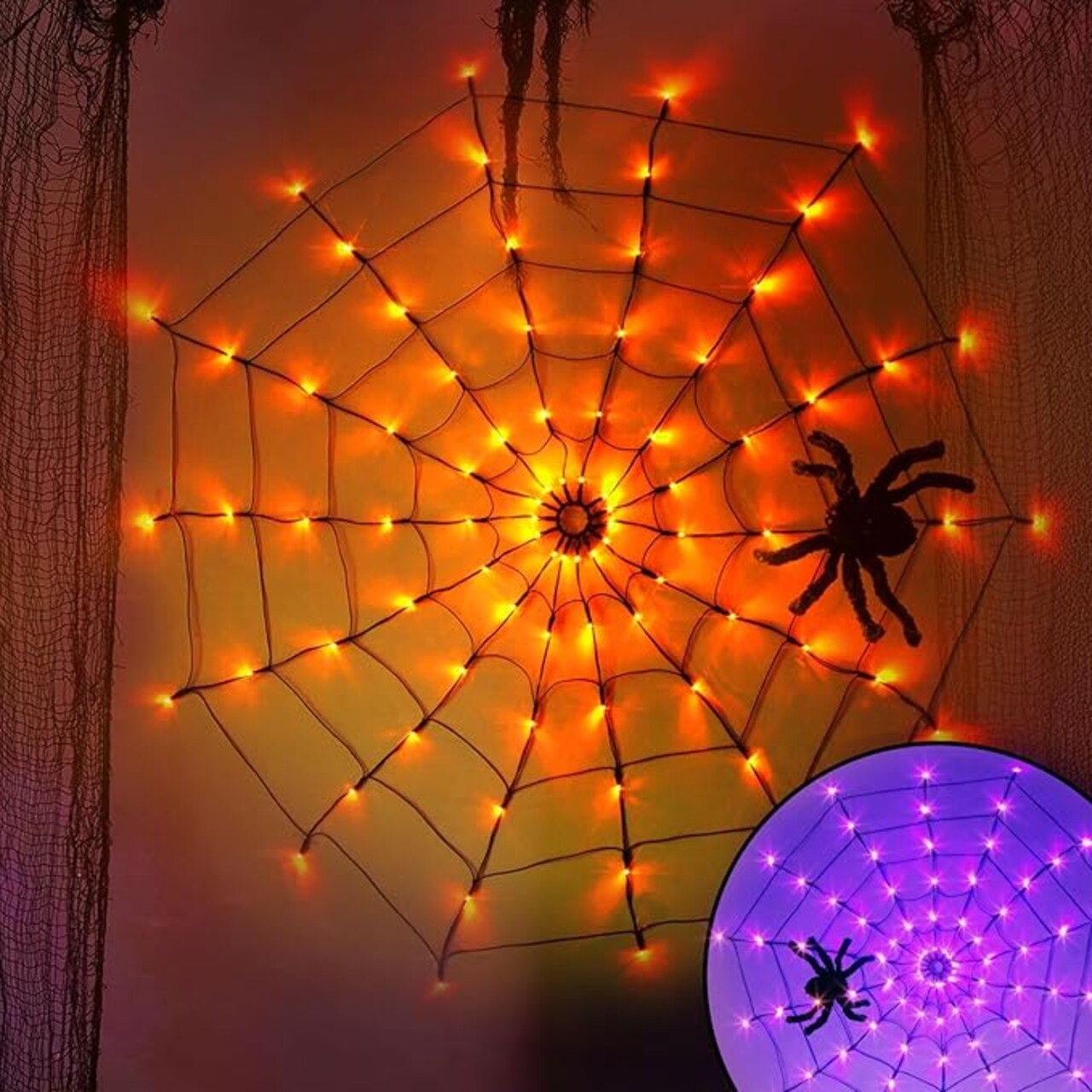 4FT 84LED Light up Spider Web, Net Lights with 8 Modes, Party Yard Haunted House Window Indoor Decor, Halloween Lighted Decorations Outdoor(Orange & Purple)